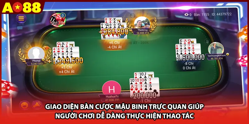 Giao diện bàn cược mậu binh trực quan giúp người chơi dễ dàng thực hiện thao tác